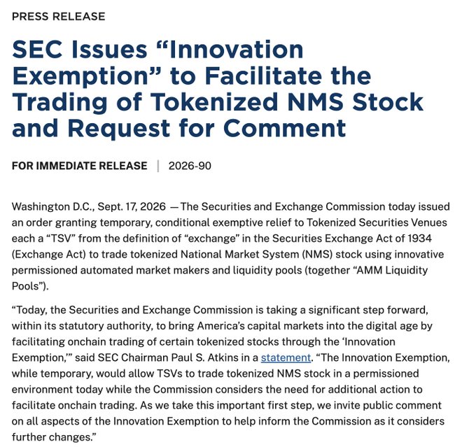 A press release from the SEC (numbered 2026-90) announces an "Innovation Exemption" allowing Tokenized Securities Venues (TSVs) to trade tokenized National Market System (NMS) stocks via automated market makers and liquidity pools, with Chairman Paul S. Atkins inviting public comment. This aligns with the post's celebration of U.S. support for tokenization, which highlights Arbitrum's readiness to enable 24/7 trading and instant settlement of tokenized assets.