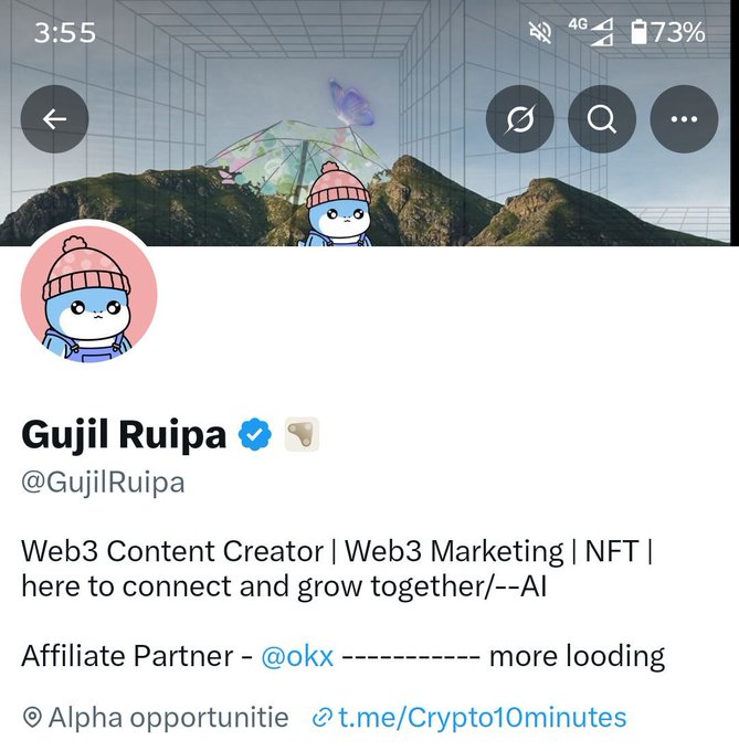 A Twitter/X profile for 'Gujil Ruipa' (@GujilRuipa), a Web3 Content Creator and Marketing professional, listed as an Affiliate Partner with OKX.