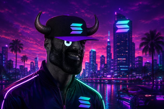 A bearded man wearing a black cap with devil horns and the purple Solana logo smiles against a vibrant purple-pink sunset cityscape, with the same Solana emblem glowing on his jacket and a skyscraper in the background. The image visually captures the post's "solana is a vibe" sentiment, with the neon-drenched, retro-futuristic aesthetic radiating the energetic, otherworldly vibe associated with the Solana brand.