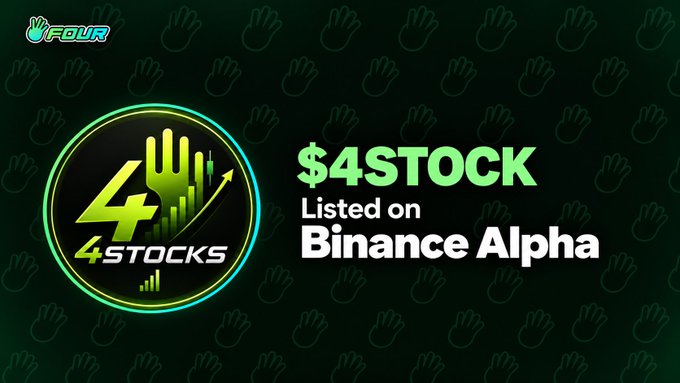 A graphic announcement featuring the 4STOCK logo alongside text declaring "$4STOCK Listed on Binance Alpha," set against a dark green background with handprint patterns, celebrating the token's listing milestone.