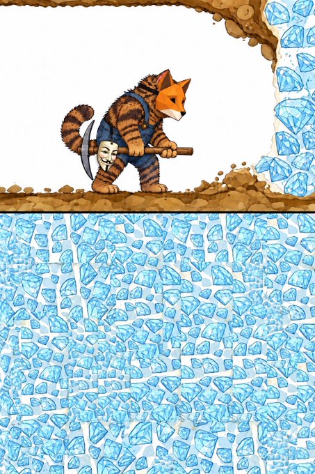 An illustration of a cat miner wearing overalls and carrying a pickaxe in a tunnel, surrounded by blue diamond-like crystals embedded in the ground and walls.