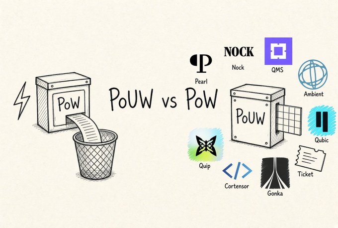 A hand-drawn illustration comparing 'PoW vs PoUW' showing a 'PoW' machine producing paper waste on the left, while a 'PoUW' machine on the right is surrounded by logos including Pearl, Nock, QMS, Ambient, Qubic, Quip, Cortensor, Gonka, and Ticket.