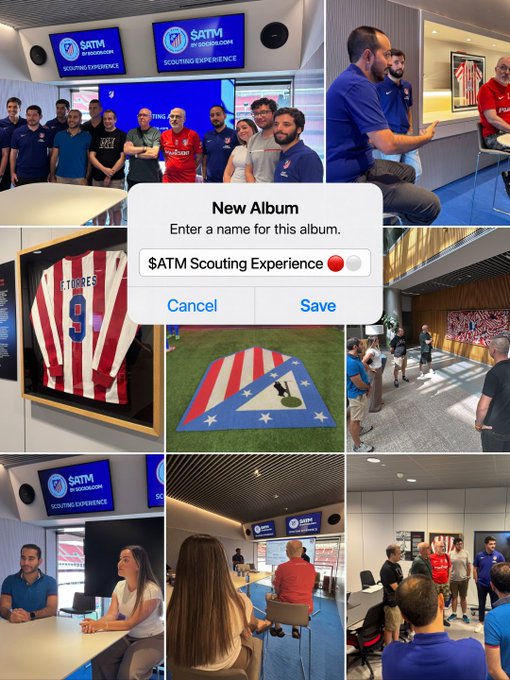 Photo collage from a '$ATM Scouting Experience' featuring groups of people in a meeting room with Atlético Madrid branding, stadium jerseys on display, and a pop-up creating a new album named '$ATM Scouting Experience'.