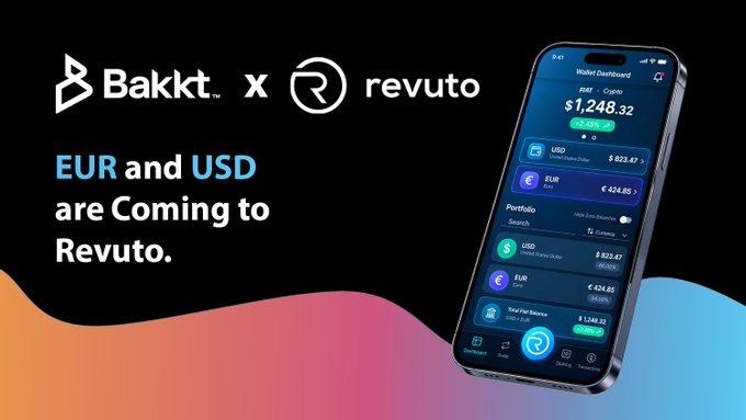 A promotional banner announcing 'Bakkt x revuto' partnership with text 'EUR and USD are Coming to Revuto', showing a smartphone displaying a wallet dashboard with a portfolio value of $1,248.32.