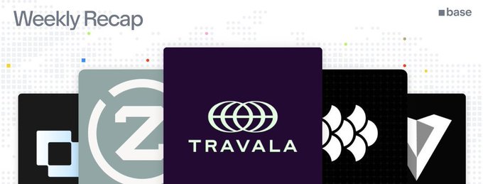Weekly Recap graphic featuring Travala logo prominently in the center with other crypto logos in the background and 'base' in the top right corner.