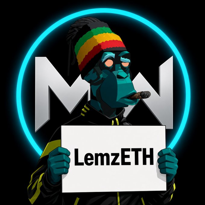A cartoon illustration of a monkey character wearing a Rastafarian beanie and smoking a cigar, holding a sign that reads 'LemzETH' against a neon blue circle background.