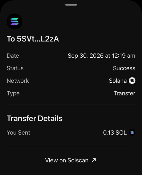 A confirmation screenshot showing a successful 0.13 SOL transfer on the Solana network to wallet address 5SVt...L2zA on September 30, 2026, likely serving as proof of payment to a giveaway winner.