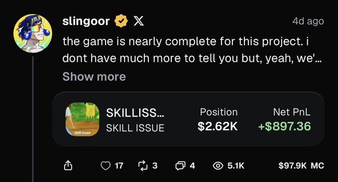 A screenshot of a tweet from user 'slingoor' showing trading information for SKILLISS (SKILL ISSUE) token with a position of $2.62K and Net PnL of +$897.36.