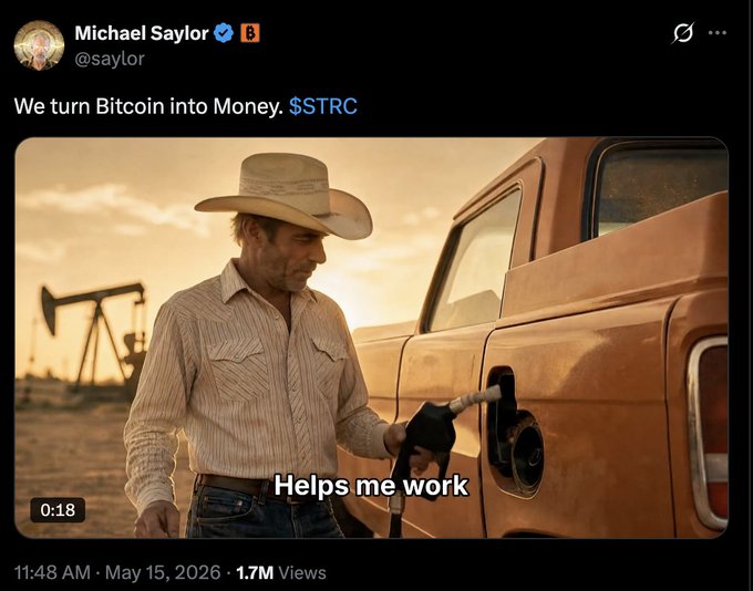 The image shows a man wearing cowboy boots, a white hat, and a shirt while holding a gas pump nozzle at an oil station. The caption of the image reads "I think I finally figured out what Saylor meant by this." This suggests that the image is related to a discussion about Bitcoin or cryptocurrency, possibly in the context of a social media post or conversation with friends.