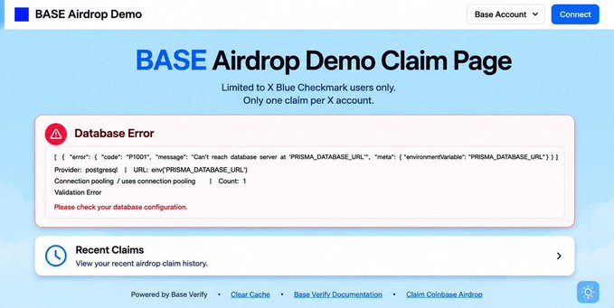 The image shows a "BASE Airdrop Demo Claim Page" with a database connection error (P1001) preventing access, indicating Base is in the testing phase of their airdrop claim system as referenced in the post about the upcoming $BASE checker going live.
