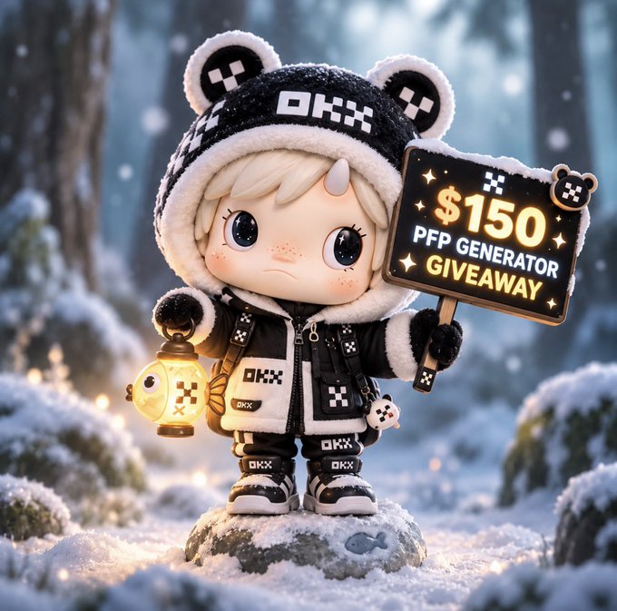 A 3D-rendered cartoon character with blonde hair and a panda-ear hat stands in a snowy forest setting, holding a lantern and a sign that reads '$150 PFP GENERATOR GIVEAWAY' with 'OKX' branding.
