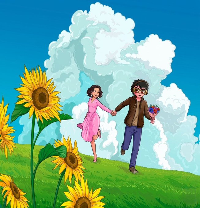 iced illustrations of a couple holding hands and flowers, with a blue sky and fluffy white clouds above them.