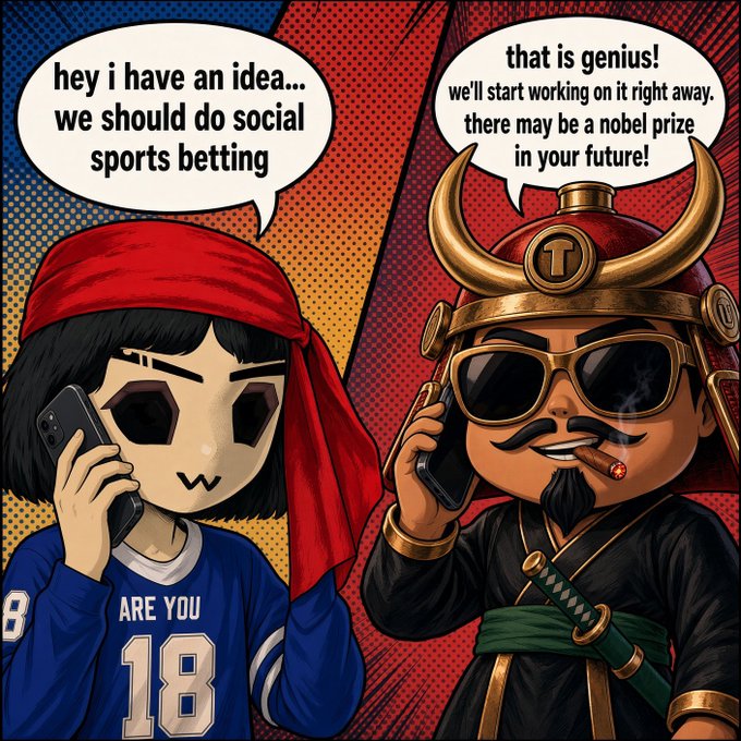 A pop-art style comic featuring a girl in a blue 'ARE YOU 18' jersey suggesting 'we should do social sports betting,' and a samurai-like figure with a horned helmet, sunglasses, and cigar replying 'that is genius!'