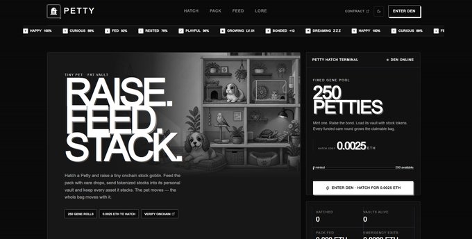 A dark-themed webpage for 'PETTY' with the tagline 'RAISE. FEED. STACK.' showing a 250 Petties fixed gene pool costing 0.0025 ETH.