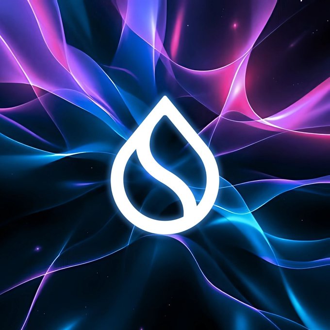 The image features a large white logo with a curved line through it, which appears to be a drop of water or a tear. The background consists of blue and purple colors that create an abstract pattern resembling smoke or flames. The caption "Be honest, Are you still bullish on $SUI?" is written below the image, suggesting that someone might have posted this image as part of a discussion about the stock market or financial news.