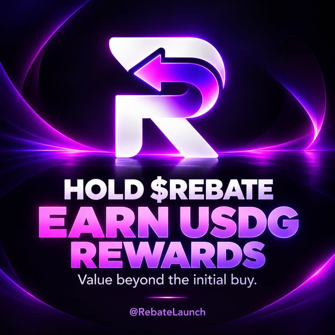 A neon purple promotional graphic reads “HOLD $REBATE,” “EARN USDG REWARDS,” “Value beyond the initial buy.,” and “@RebateLaunch,” beneath a large stylized logo.