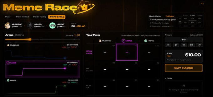 A screenshot of a 'Meme Race' prediction market interface showing odds for crypto tokens including MUBIGOD, HADES, and HEDGE on platforms like Race.com.