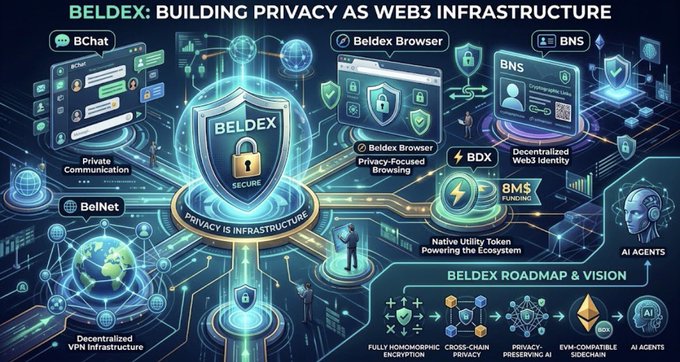 The image is an infographic titled "BELDEX: BUILDING PRIVACY AS WEB3 INFRASTRUCTURE," showcasing the Beldex ecosystem with components like BChat (private communication), Beldex Browser (privacy-focused browsing), BNS (decentralized Web3 identity), BelNet (decentralized VPN infrastructure), BDX (native utility token), BMS funding, and AI Agents. Centered around a shield labeled "BELDEX" and "PRIVACY IS INFRASTRUCTURE," the graphic aligns with the post by visually representing Beldex's multi-layered approach to privacy across communication, browsing, identity, and networking in Web3, alongside a roadmap featuring Fully Homomorphic Encryption, Cross-Chain Privacy, Privacy-Preserving AI, EVM-Compatible Sidechain, and AI Agents.