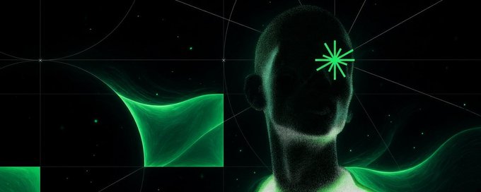 A stylized 3D figure of a person's head and shoulders with a green loading spinner over one eye, set against a dark background with green wavy shapes and grid lines.