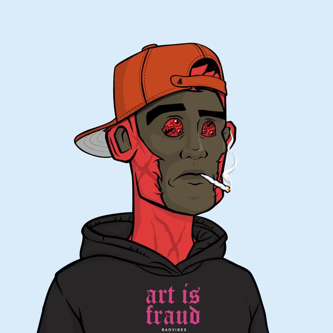 A cartoon illustration of a man in a red cap smoking a cigarette, wearing a black hoodie that reads "art is fraud" in pink gothic text with "BADVIBES" below it.