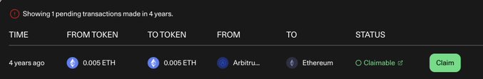 A transaction history interface showing '1 pending transactions made in 4 years' for a swap of 0.005 ETH from Arbitrum to Ethereum, which is currently 'Claimable'.