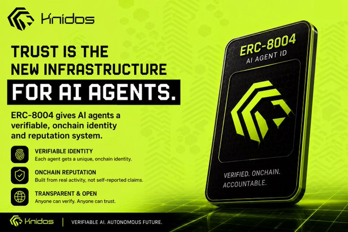 Knidos promotional banner featuring 'TRUST IS THE NEW INFRASTRUCTURE FOR AI AGENTS' and 'ERC-8004 AI AGENT ID' tagline with logo on a device display.