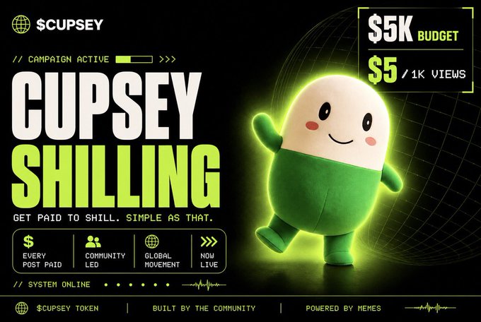 This image advertises "$CUPSEY SHILLING" with a $5K budget and a reward of $5/1K views, promoting a campaign on the Shillz Network. The colorful character and "GET PAID TO SHILL" message directly relate to the post announcing "$Cupsey to the Shillz Network."