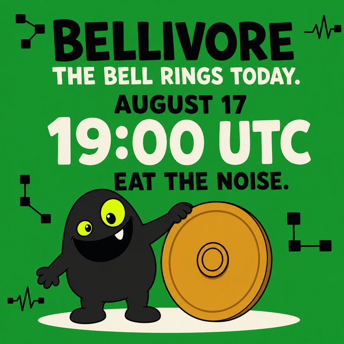 Promotional graphic for 'BELLIVORE' featuring a black monster character with a gong, advertising an event on 'AUGUST 17' at '19:00 UTC' with the tagline 'THE BELL RINGS TODAY. EAT THE NOISE.'