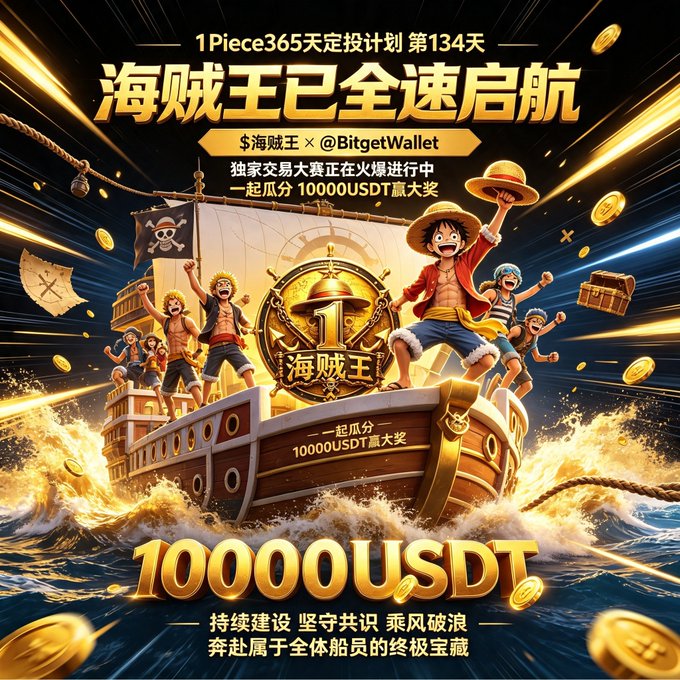 A promotional graphic with Chinese text including '1Piece365天定投计划 第134天', '海贼王已全速启航', and '100000USDT', featuring anime characters resembling the Straw Hat Pirates from One Piece standing on a pirate ship.