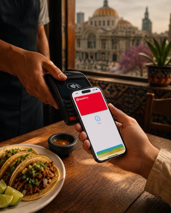 A person holds a smartphone displaying a contactless payment screen over a payment terminal at a restaurant table with tacos, while a cityscape is visible through the window in the background.