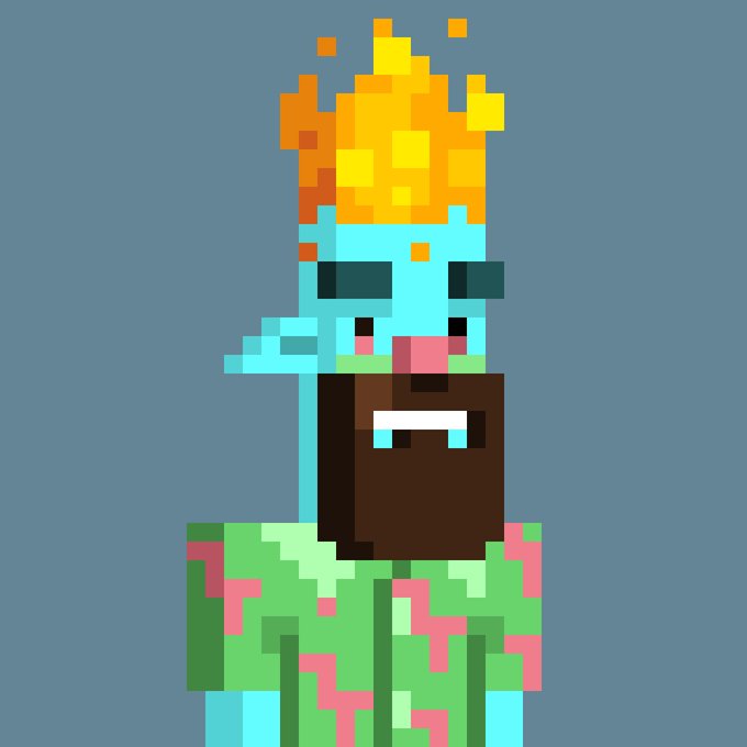 A pixel art character with flaming yellow-orange hair, cyan/blue accents, pink cheeks, and a green and pink torso floats against a muted blue-gray background, matching the post's reference to a newly acquired "CypherPunk" NFT collection piece. The blocky, retro-styled figure with its stylized facial features and flame-like crown visually represents the digital artwork being celebrated in the tweet.