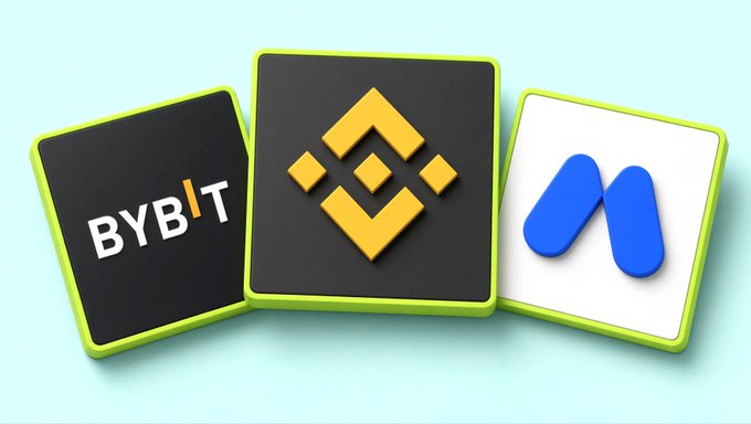 3D-rendered icons of cryptocurrency exchange logos for Bybit, Binance, and a generic blue exchange logo displayed on green-bordered tiles.