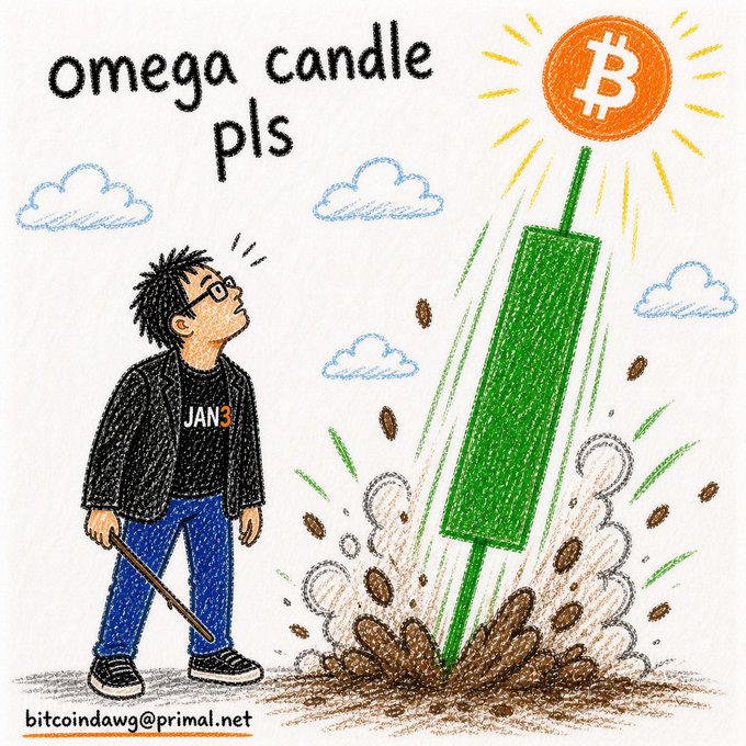 A hand-drawn illustration by bitcoindawg@primal.net showing a cartoon figure in a 'JAN3' shirt watching a massive green 'omega candle' Bitcoin rocket launch from the ground, with text 'omega candle pls' above.