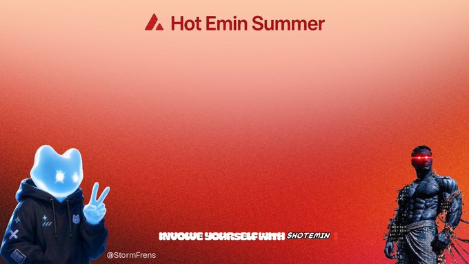 The image features a banner with two cartoon characters from Hot Emmin Summer, one wearing a blue hoodie and holding up peace signs while the other wears a black outfit and has red eyes. The text above the image reads "Hot Emin Summer" and "Innovate yourself". The background of the image is orange, which complements the colors of the cartoon characters' outfits.