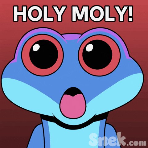 The image features a cartoon frog with big, red eyes and a mouth open wide as if surprised or excited. The background of the image is red, which contrasts with the blue color of the frog's face. The caption below the image reads "Holy Moly! Snek.com". This suggests that the image has been used in a meme or social media post promoting the cartoon frog character named Snek.