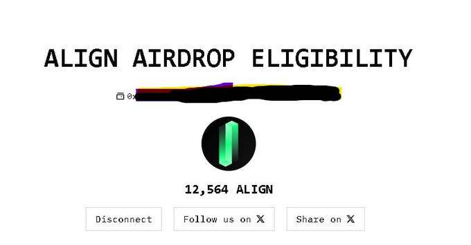 The image displays an "ALIGN AIRDROP ELIGIBILITY" page showing a reward of 12,564 ALIGN tokens, with options to Disconnect, Follow on X, and Share on X. The accompanying post likely shows the user sharing their airdrop rewards earned from staking STRK and MINA, reflecting on the trade-off between their staking yields and the declining value of their staked assets.