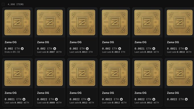 Grid of golden 'Zama OG' NFT collectibles with prices around 0.002 ETH and various last sale amounts in WETH, totaling 4,996 items.