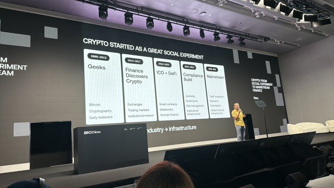 A speaker presents on stage at a conference in front of a large screen displaying "CRYPTO STARTED AS A GREAT SOCIAL EXPERIMENT," with a timeline breaking down crypto's evolution into phases from 2009-2015 ("Geeks") through 2022-2025 ("Mainstream"), highlighting milestones like Bitcoin, exchanges, ICO/DeFi, compliance/regulation, and institutional adoption.

The slide reinforces the post's point about crypto's maturation into a "compliant, mainstream-accepted" industry, visualizing the progression from a niche experiment led by early believers to an established financial sector.
