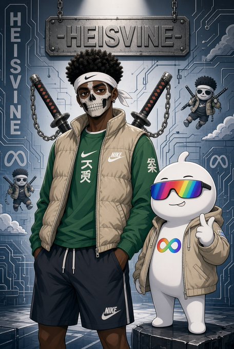 A stylized illustration featuring a character in a green Nike jacket with skull face paint and crossed swords, alongside a white mascot wearing rainbow sunglasses, under the banner "HEISVINE."