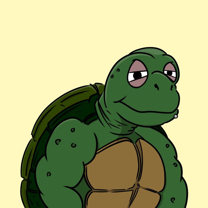 Cartoon illustration of a muscular green turtle with half-lidded expression on a pale yellow background.