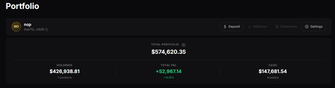 A Robinhood portfolio screenshot showing a total portfolio value of $574,620.35, with holdings of $426,938.81, total P/L of +$52,967.14 (+18.16%), and cash of $147,681.54.