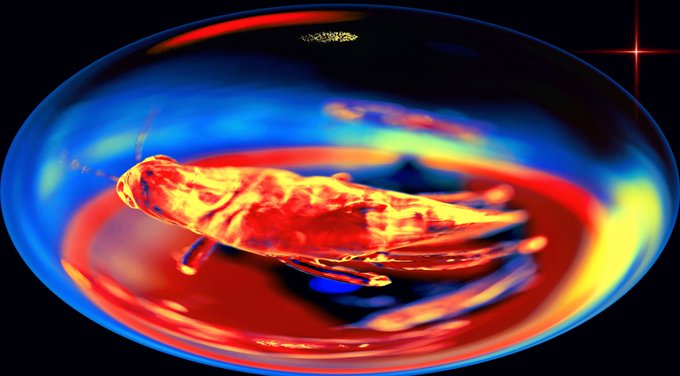 A digital artwork featuring a translucent fetus floating inside a glowing, liquid-filled bubble with swirling red and blue colors against a black background.