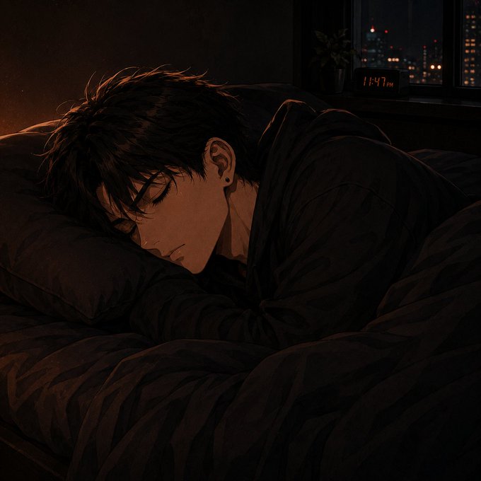 Anime-style illustration of a young man with dark hair sleeping in bed, with a digital clock reading 11:47 PM and a city skyline visible through the window.
