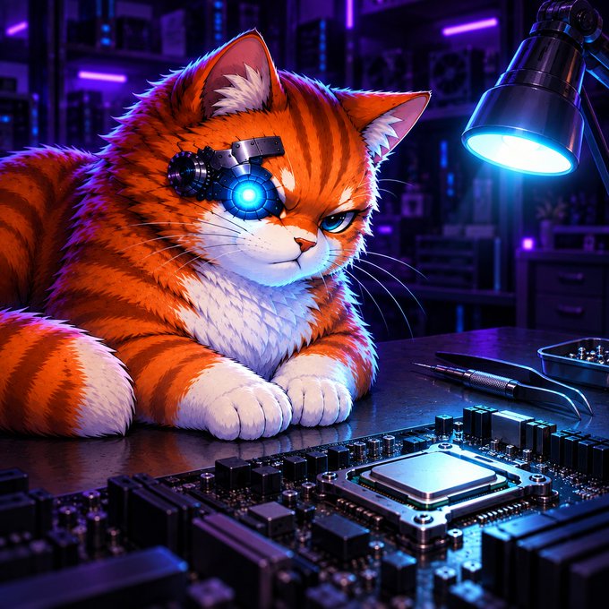 Digital art of an orange tabby cat with a futuristic glowing blue robotic eye implant, lying beside a computer motherboard illuminated by a desk lamp in a neon-lit workshop.