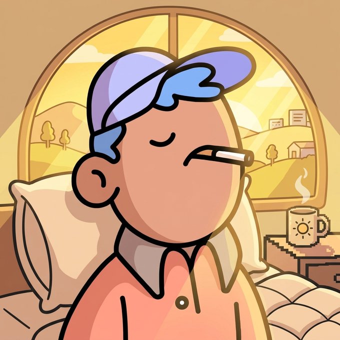 A cartoon character with blue hair and a cigarette in their mouth sits by a bed near an arched window showing a sunny landscape, with a steaming mug on the bedside table.