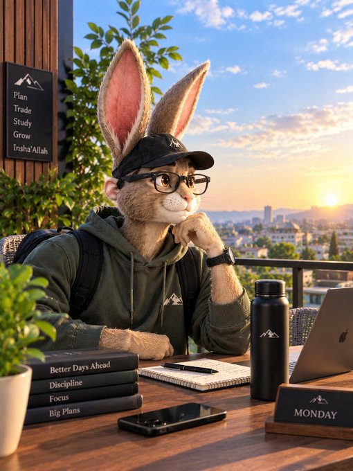 An AI-generated image of an anthropomorphic rabbit wearing a cap, glasses, and hoodie sitting at a desk with a laptop, surrounded by motivational books labeled 'Better Days Ahead,' 'Discipline,' 'Focus,' 'Big Plans,' and 'MONDAY,' with a sign reading 'Plan Trade Study Grow Insha'Allah.'