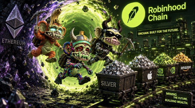 A digital illustration titled 'Robinhood Chain' featuring cartoon monsters emerging from a portal, pushing minecarts filled with commodities like 'SILVER', an Apple logo, NVIDIA, and Amazon, alongside an Ethereum logo.