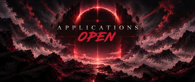 A dramatic, dark fantasy-themed banner with red glowing accents over mountainous terrain displays the text 'APPLICATIONS OPEN'.