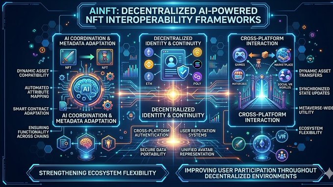 The image features a blue and black flowchart depicting interconnected systems and processes within a distributed network, with various icons representing different components of an AI-powered AI ecosystem. The chart focuses on improving user participation and interoperability by establishing common standards for AI technologies and data sharing protocols across diverse environments, such as the Web3 space, Metaverse, and other applications. AINFT is an example of a company that focuses on these interoperability efforts within the broader ecosystem of blockchain and AI technology.