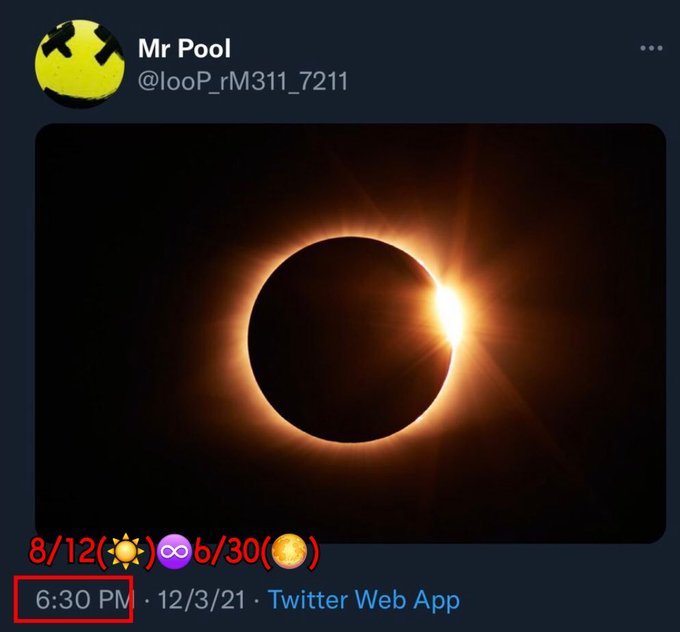 A solar eclipse image is posted by Mr Pool (@looP_rM311_7211) on Twitter at 6:30 PM on 12/3/21, with text noting solar eclipses on 8/12 and lunar eclipses on 6/30. The post highlights astronomical events pairing with the timestamp in the red box.
